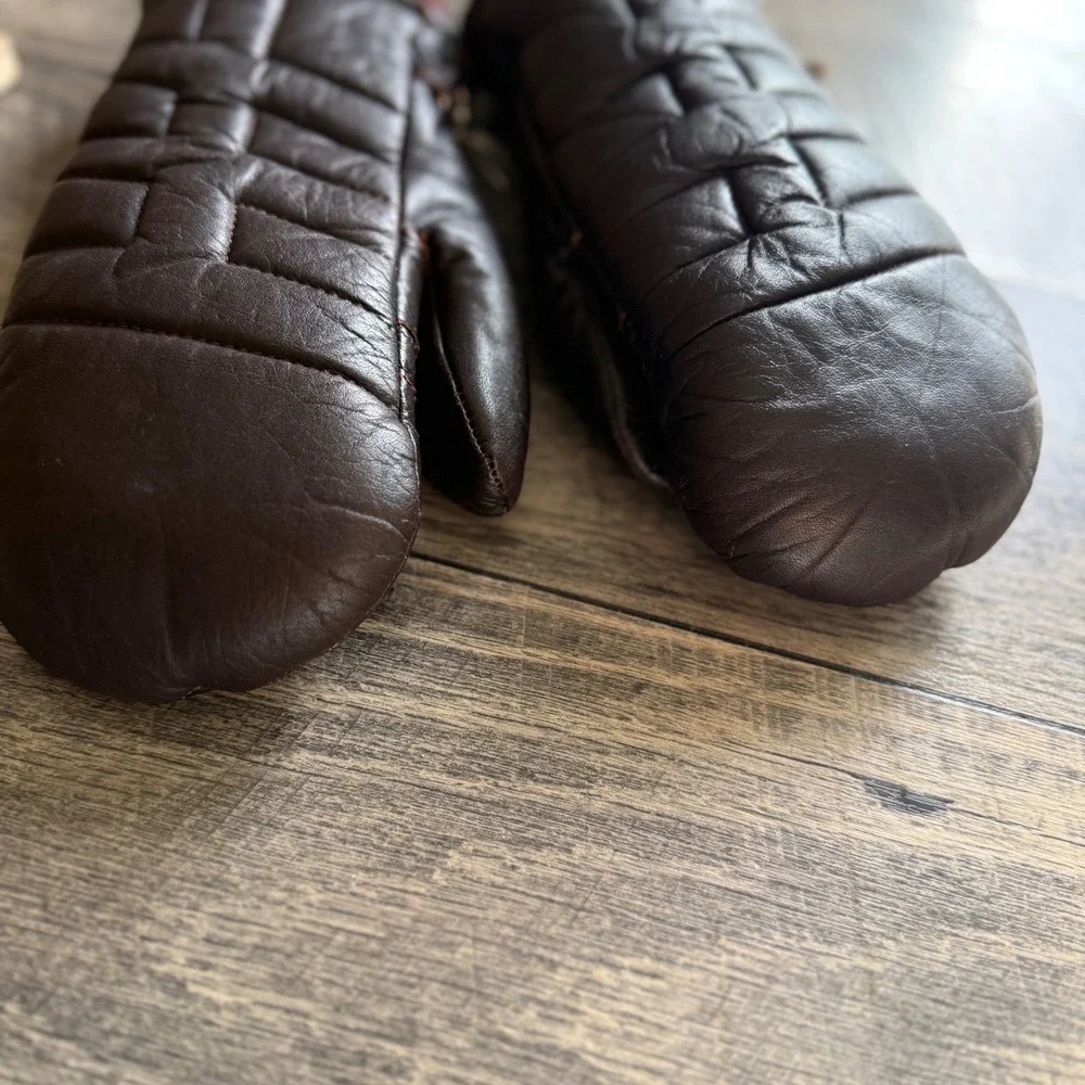 Gordini Vintage Brown Leather Quilted Mittens Women Small Burgundy Knit Cuff